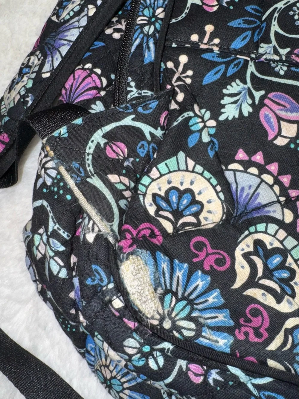 Vera Bradley Black Floral Quilted Backpack with Blue & Purple Accents